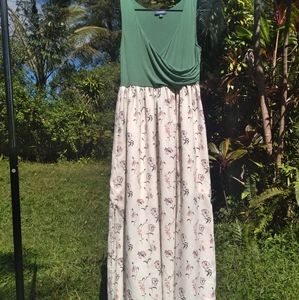 ModCloth Long Flowy Green White Floral Print Dress